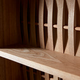 Close up Ash shelf with character grain and woven lattice wooden back
