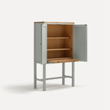 White painted two door shaker style cabinet on tall legs with oak work top. Shown at angle doors open sliding shelf extended.