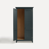 Dark Blue Grey painted freestanding tall Armoire cupboard Shaker style with panelled doors and black metal knobs. Shown face on with one door open.