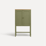 Green painted two door shaker style cabinet on tall legs with oak work top.