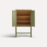 Green painted two door shaker style cabinet on tall legs with oak work top. Doors open revealing oak interior and sliding shelf.