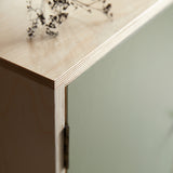 Corner of cabinet showing ply wood joint detail and green painted door and hinge.