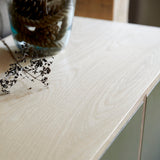 Close up of cabinet top showing birch ply wood grain and green painted door. Glass vase containing rope and dried seed heads on top.