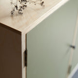 Close up of cabinet corner showing ply wood joint detail, green painted door and dried seed heads on top.
