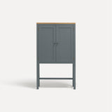 Blue painted two door shaker style cabinet on tall legs with oak work top.
