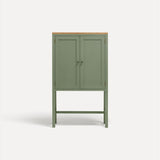 Green painted two door shaker style cabinet on tall legs with oak work top.