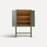 Green painted two door shaker style cabinet on tall legs with oak work top. Doors open revealing oak interior and shelves.