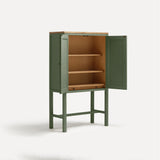 Green painted two door shaker style cabinet on tall legs with oak work top. Shown at angle doors open revealing oak interior and shelves.