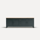 Grey Blue painted four door shaker style sideboard with black metal door knobs and oak worktop.
