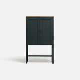 Blue Grey painted two door shaker style cabinet on tall legs with oak work top.