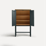 Blue Grey painted two door shaker style cabinet on tall legs with oak work top. Doors open revealing oak interior and shelves.