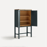 Blue Grey painted two door shaker style cabinet on tall legs with oak work top. Blue Grey painted two door shaker style cabinet on tall legs with oak work top. Doors open revealing oak interior and shelves. Shown at an angle.