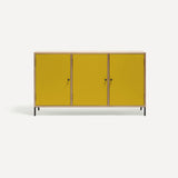 Three door ply wood contemporary side board with bright yellow painted doors, black metal knobs and feet.