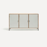 Three door ply wood contemporary side board with white painted doors, black metal knobs and feet.