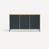 Three door ply wood contemporary side board with dark grey painted doors, black metal knobs and feet.