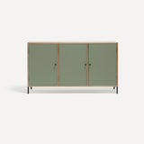 Three door ply wood contemporary side board with green painted doors, black metal knobs and feet.