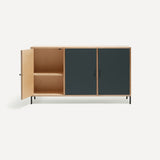 Three door ply wood contemporary side board with dark grey painted doors (one open), black metal knobs and feet.