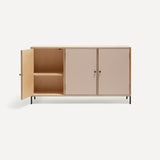 Three door ply wood contemporary side board with pink painted doors (one open), black metal knobs and feet.