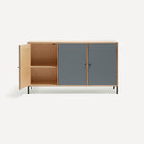 Three door ply wood contemporary side board with blue grey painted doors (one open), black metal knobs and feet.