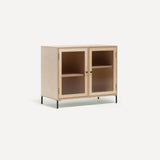 Two door ply wood contemporary side board with reeded glass doors, black metal knobs and feet. Shown at an angle.