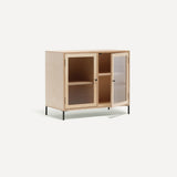 Two door ply wood contemporary side board with reeded glass doors (one open), black metal knobs and feet. Shown at an angle.