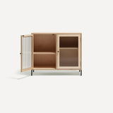 Two door ply wood contemporary side board with reeded glass doors (one open), black metal knobs and feet.