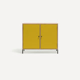 Two door ply wood contemporary side board with bold yellow painted doors, black metal knobs and feet.