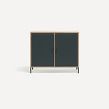 Two door ply wood contemporary side board with dark grey painted doors, black metal knobs and feet.
