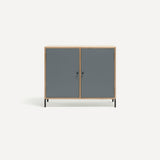 Two door ply wood contemporary side board with blue grey painted doors, black metal knobs and feet.