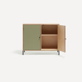 Two door ply wood contemporary side board with green painted doors (one open), black metal knobs and feet.