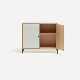 Two door ply wood contemporary side board with white painted doors (one open), black metal knobs and feet.