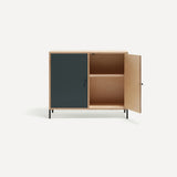 Two door ply wood contemporary side board with dark grey painted doors (one open), black metal knobs and feet.