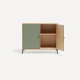Two door ply wood contemporary side board with green painted doors (one open), black metal knobs and feet.