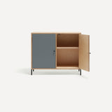 Two door ply wood contemporary side board with blue grey painted doors (one open), black metal knobs and feet.