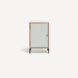 Single door ply wood contemporary bedside cabinet with white painted door, black metal door knobs and black metal legs