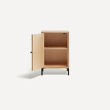 Single door ply wood contemporary bedside cabinet with bold yellow painted door open to left revealing internal shelf, black metal door knobs and black metal legs