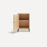 Single door ply wood contemporary bedside cabinet with green painted door open to left showing internal shelf, black metal door knobs and black metal legs