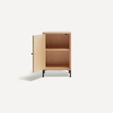 Single door ply wood contemporary bedside cabinet with blue white painted door open to left revealing internal shelf, black metal door knobs and black metal legs