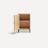 Single door ply wood contemporary bedside cabinet with dark grey painted door open to left revealing internal shelf, black metal door knobs and black metal legs.