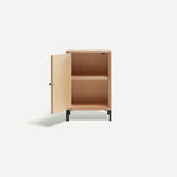 Single door ply wood contemporary bedside cabinet with pink painted door open to left revealing internal shelf, black metal door knobs and black metal legs.