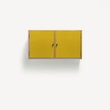 Two door ply wood contemporary wall cupboard with bold yellow painted doors, black metal door knobs.