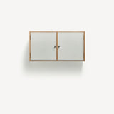 Two door ply wood contemporary wall cupboard with white painted doors, black metal door knobs.