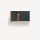 Two door ply wood contemporary wall cupboard with green painted doors (one open showing internal shelf), black metal door knobs.