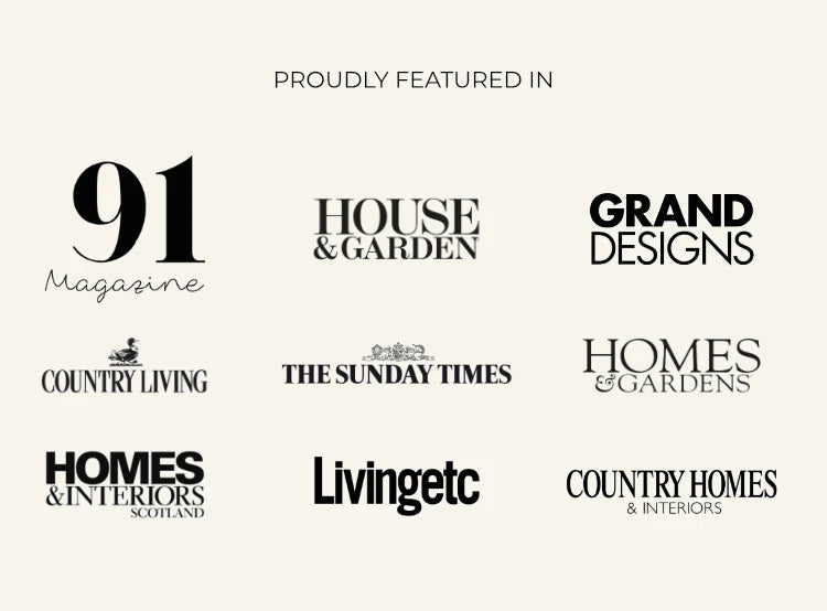A beige promotional graphic with the heading 'AS FEATURED IN' above a 3-by-3 grid of black magazine and publication logos, including 91 Magazine, House & Garden, Grand Designs, Country Living, The Sunday Times, Homes & Gardens, Homes & Interiors Scotland, Livingetc, and Country Homes & Interiors.