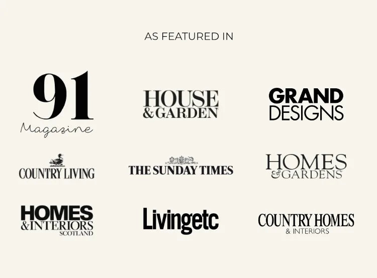 A beige promotional graphic with the heading 'AS FEATURED IN' above a 3-by-3 grid of black magazine and publication logos, including 91 Magazine, House & Garden, Grand Designs, Country Living, The Sunday Times, Homes & Gardens, Homes & Interiors Scotland, Livingetc, and Country Homes & Interiors.