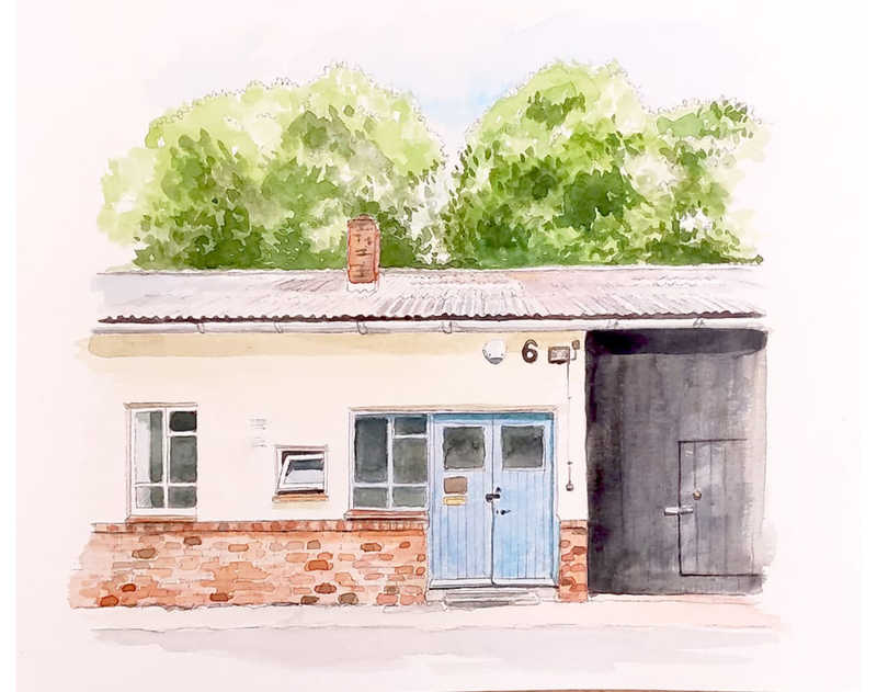 Watercolour painting of single storey building with brick and cream colour render to elevation. Blue double doors and trees in leaf in background.