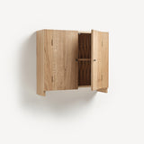 Oak wall cabinet with two doors, one open. Open door reveals woven wood back.