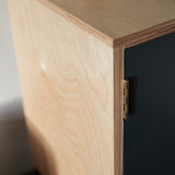 Corner of wall cupboard showing ply wood side and top with dark grey painted door and hinge.