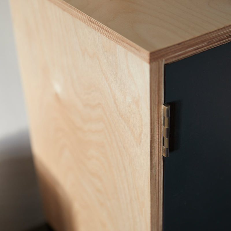 Corner of wall cupboard showing ply wood side and top with dark grey painted door and hinge.