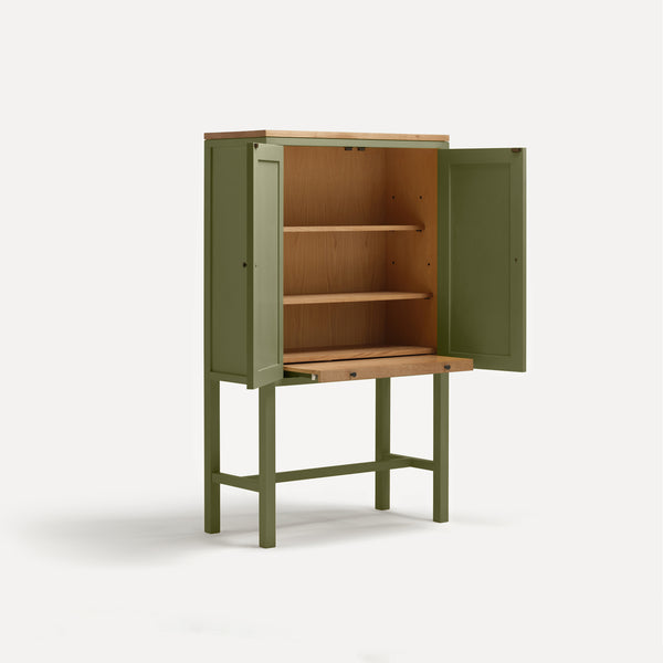 Green painted two door shaker style cabinet on tall legs with oak work top. Doors open revealing oak interior and sliding shelf.